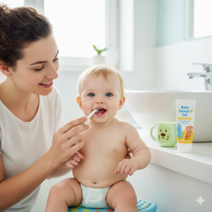 Erken diş bakımı için anne, ilk dişi çıkan bebeğinin dişlerini nazikçe fırçalarken gülümsüyor.