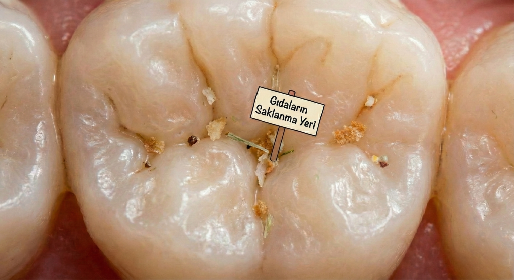 6 yaş dişlerinde çürüğe neden olan derin diş olukları ve gıda artıkları