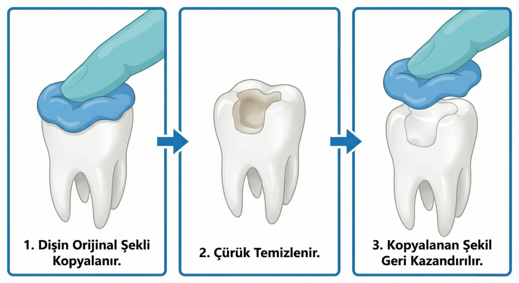 Dental Rezidans stamp tekniği (mühür tekniği) uygulama adımları infografiği