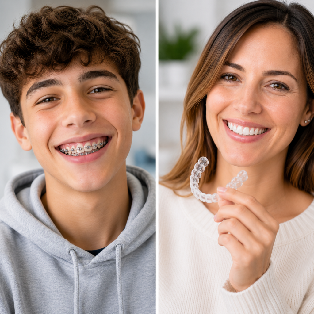 Denizli Diş Kliniği Dental Rezidans'ın blog yazısı için hazırlanan, şeffaf plak ve metal diş teli arasındaki farkları yansıtan görsel.