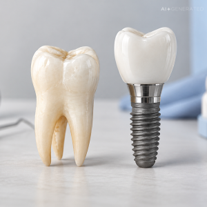 Doğal diş ile implant seçeneğinin karşılaştırılmasını temsil eden temsili dental görsel