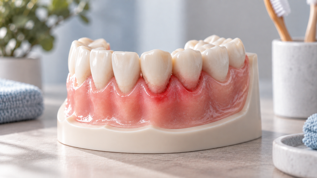 Hafif kızarıklık ve hassasiyet gösteren diş eti dokusunu temsil eden dental model
