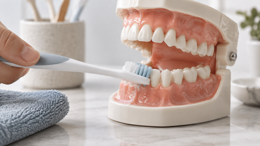 Diş eti hattının nazik şekilde fırçalanmasını temsil eden eğitim amaçlı dental görsel