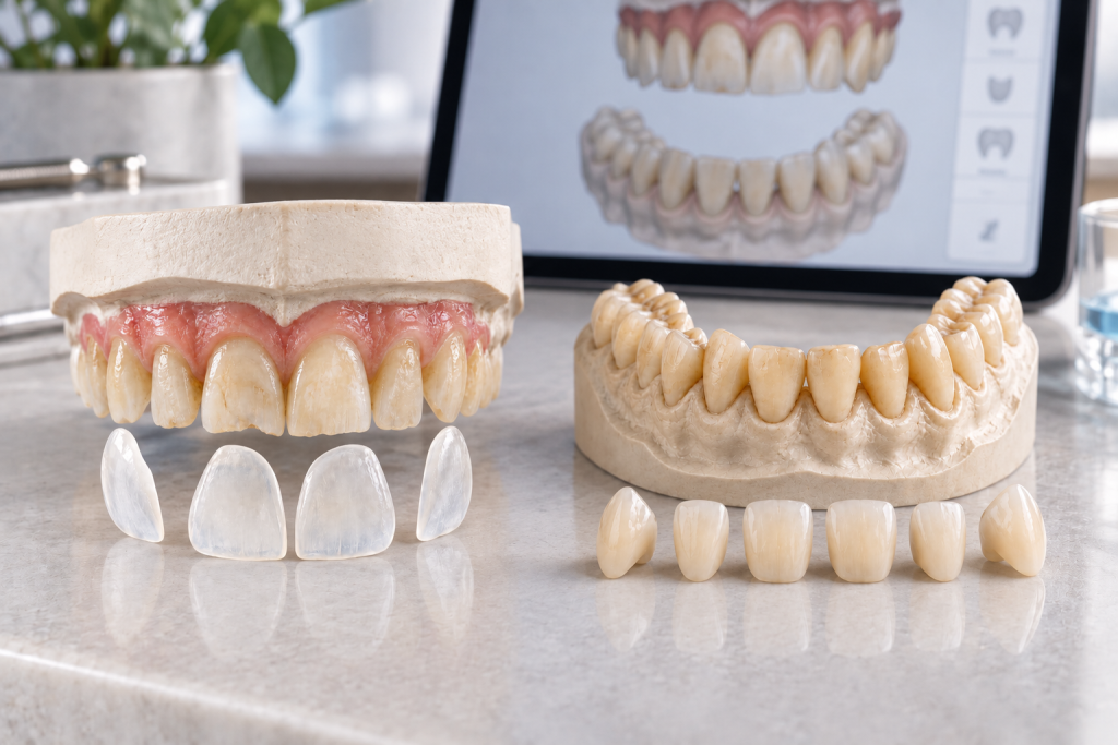 Lamina ve zirkonyum restorasyonların kişiye özel planlanmasını temsil eden dental modeller