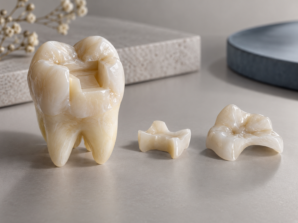 Diş modeli üzerinde porselen inlay ve onlay restorasyon örneği